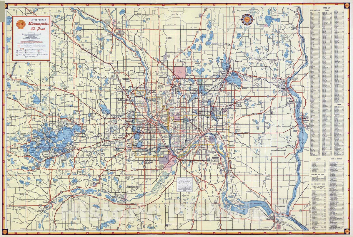 Historic Map : National Atlas - 1956 Shell Metropolitan Minneapolis - St. Paul (and vicinity). - Vintage Wall Art