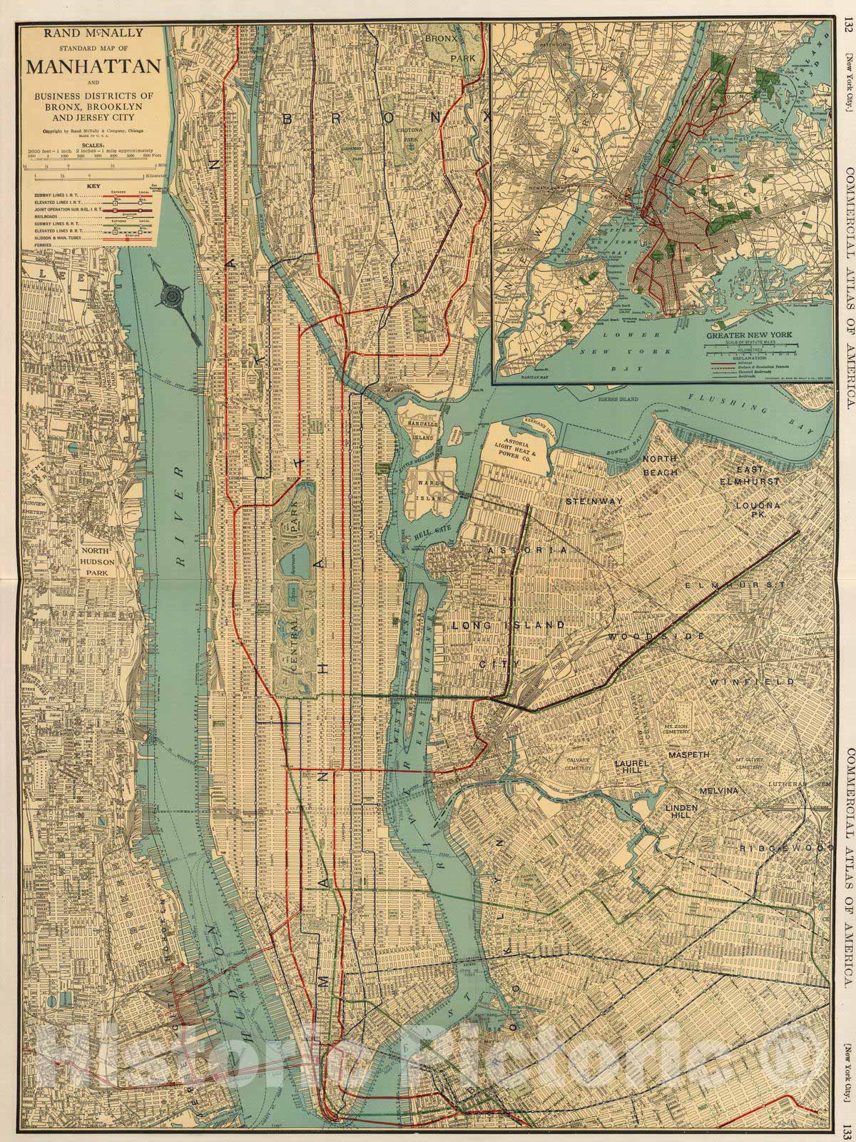 New York City - Manhattan and Business Districts, 1924 - Historical Map Print