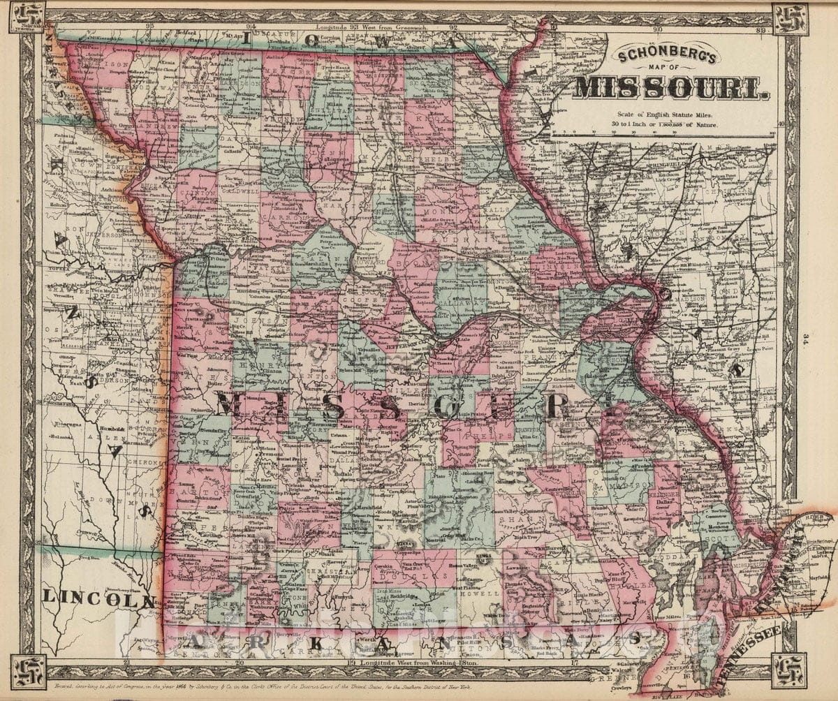 Historic Map : National Atlas - 1867 Schonberg's Map of Missouri. - Vintage Wall Art