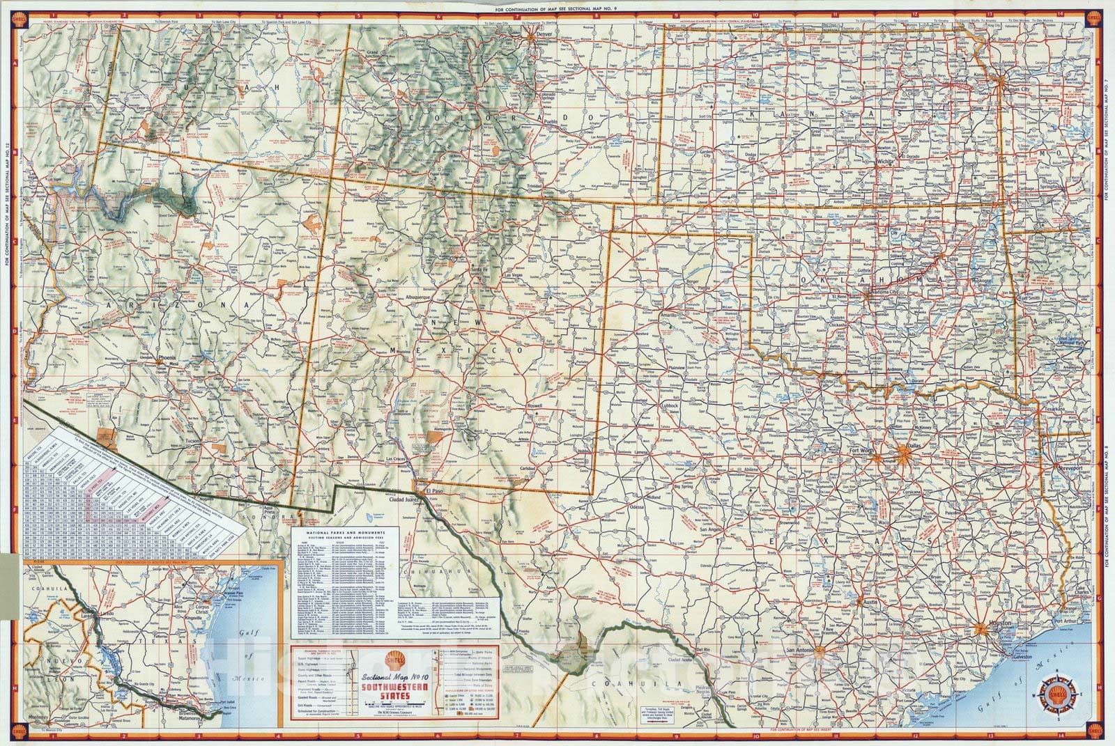 Historic Map : National Atlas - 1956 Shell Sectional Map No. 10 - Southwestern States. - Vintage Wall Art