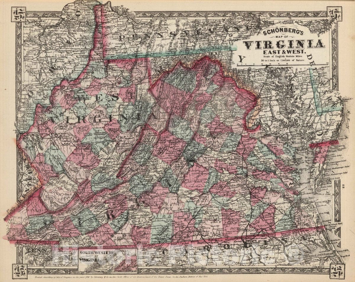 Historic Map : National Atlas - 1867 Schonberg's Map of Virginia and West Virginia. - Vintage Wall Art