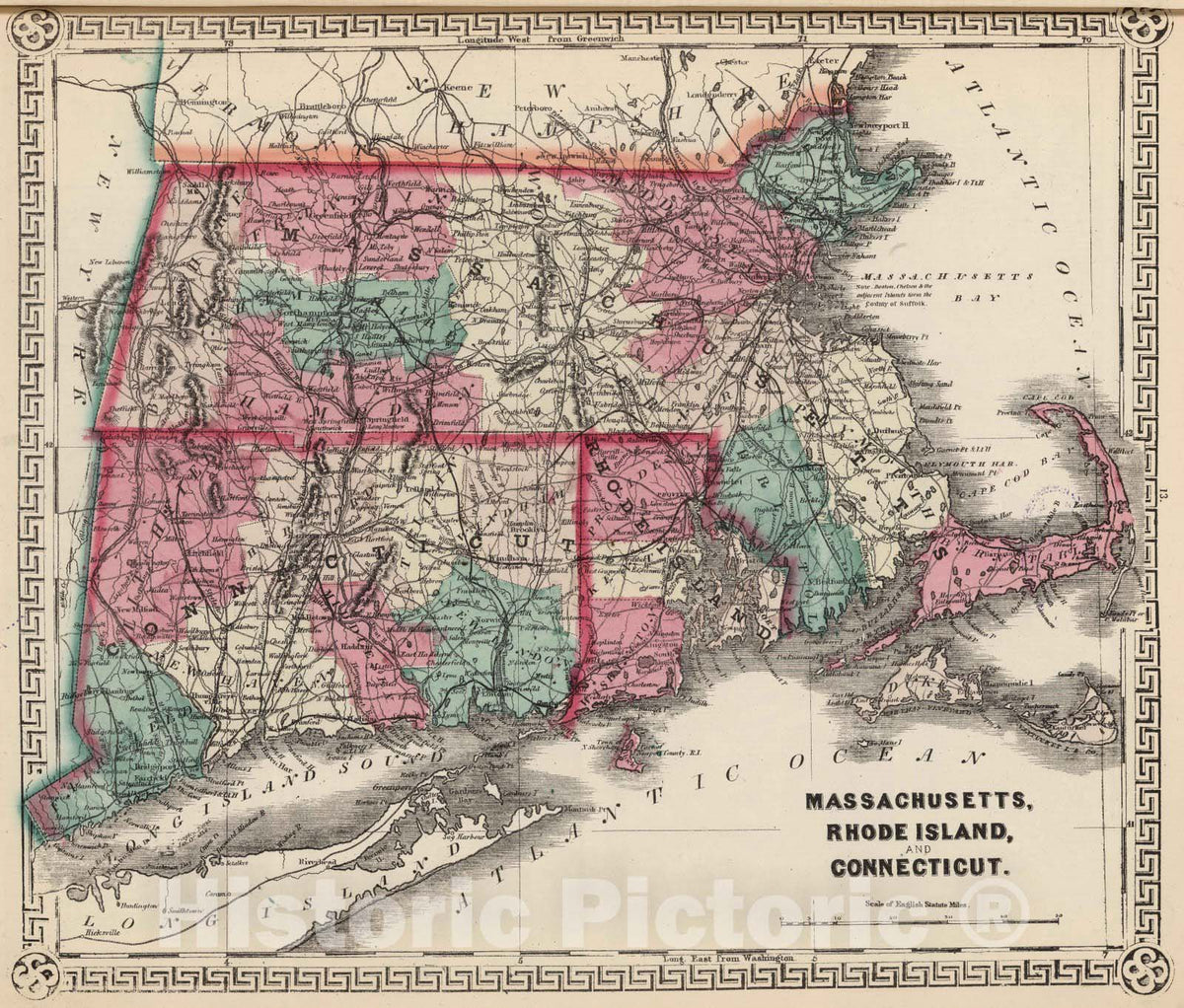 Historic Map : National Atlas - 1867 Massachusetts, Rhode Island, and Connecticut. - Vintage Wall Art