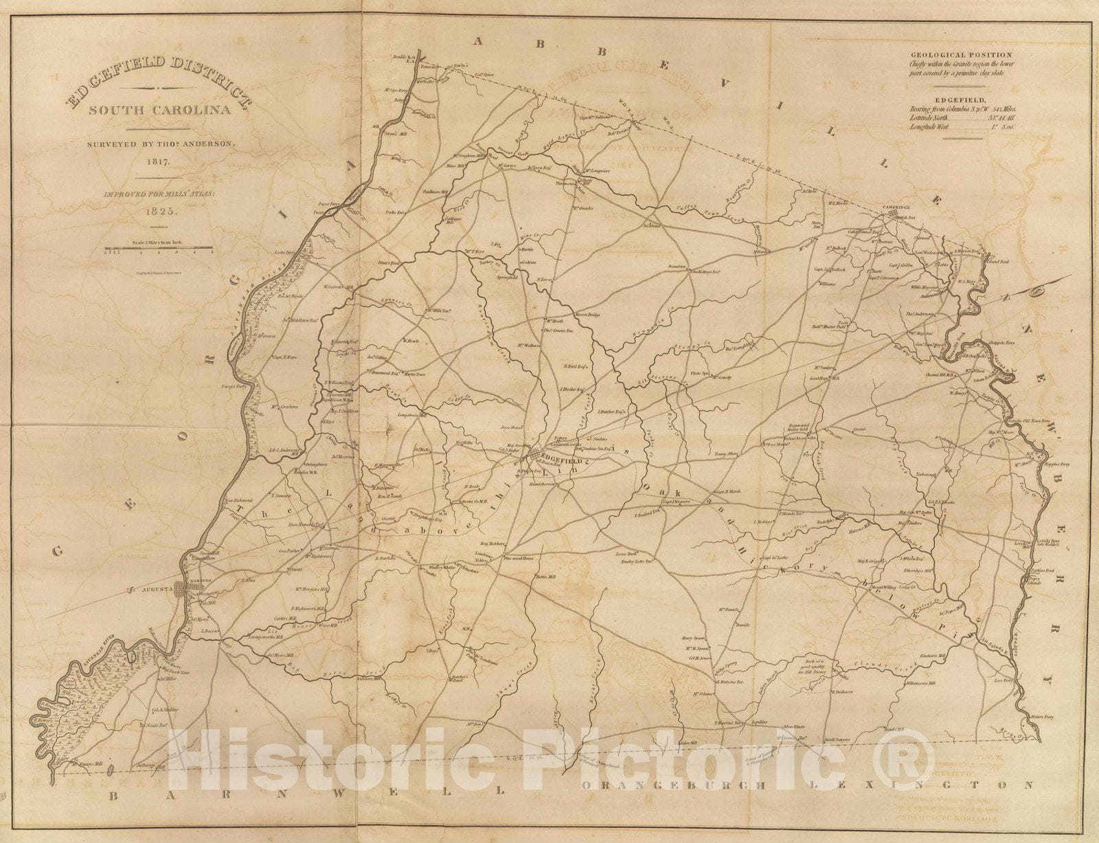 Edgefield District, South Carolina - Road Map, 1825 - Historical Map Print