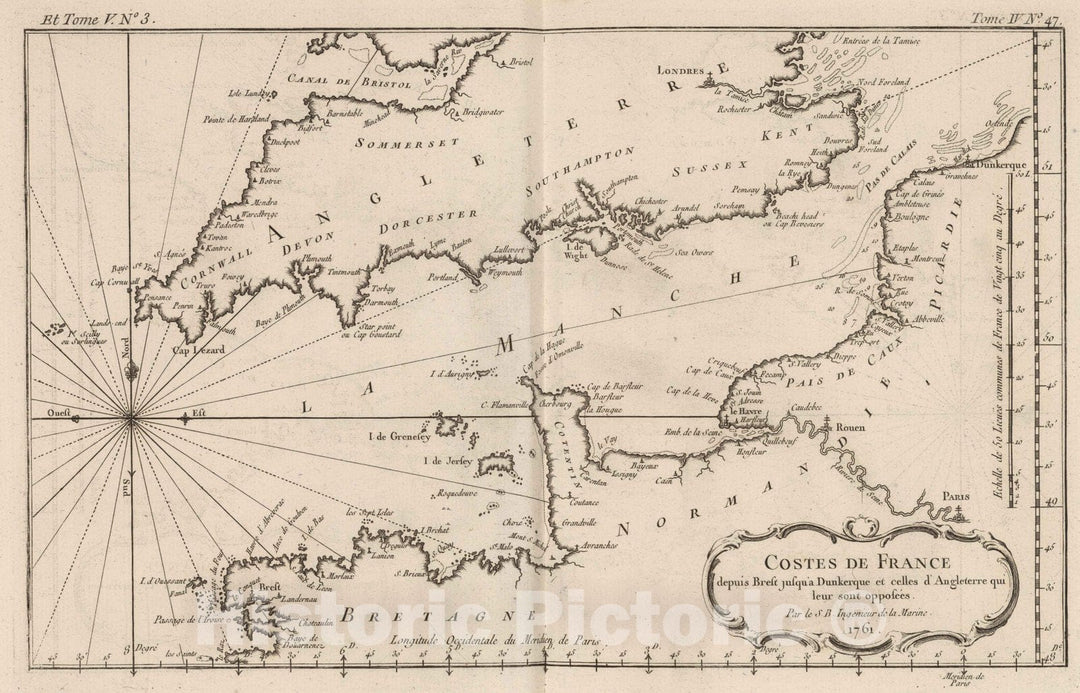 Historic Map : France, , Europe 1764 Costes De France , Vintage Wall Art