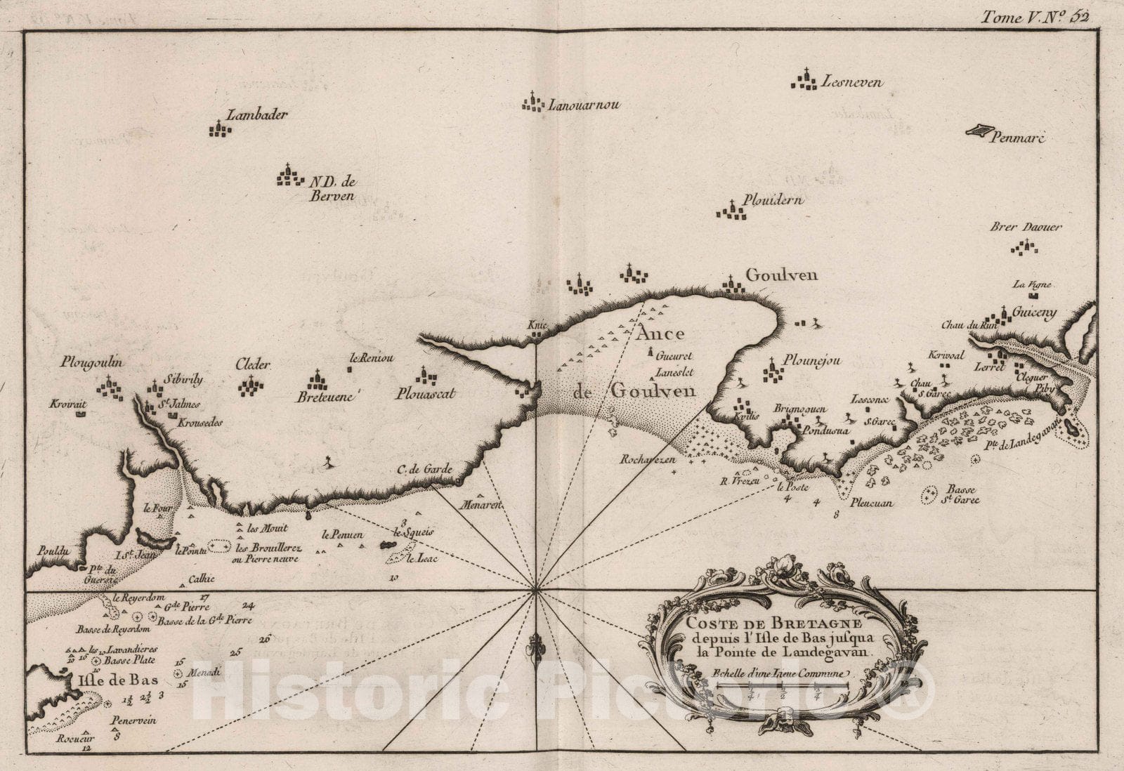 Historic Wall Map : France, Bretagne , France 1764 Coste de Bretagne depuis I'isle de Bas jusqui, la pointe de Landegavan. , Vintage Wall Art
