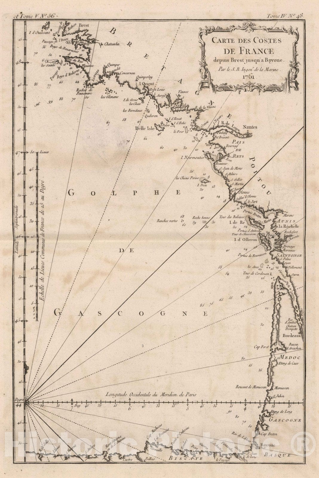 Historic Map : France, Poitou , France 1761 Plan des costes de France depuis Brest jusqu'a Bayone. , Vintage Wall Art