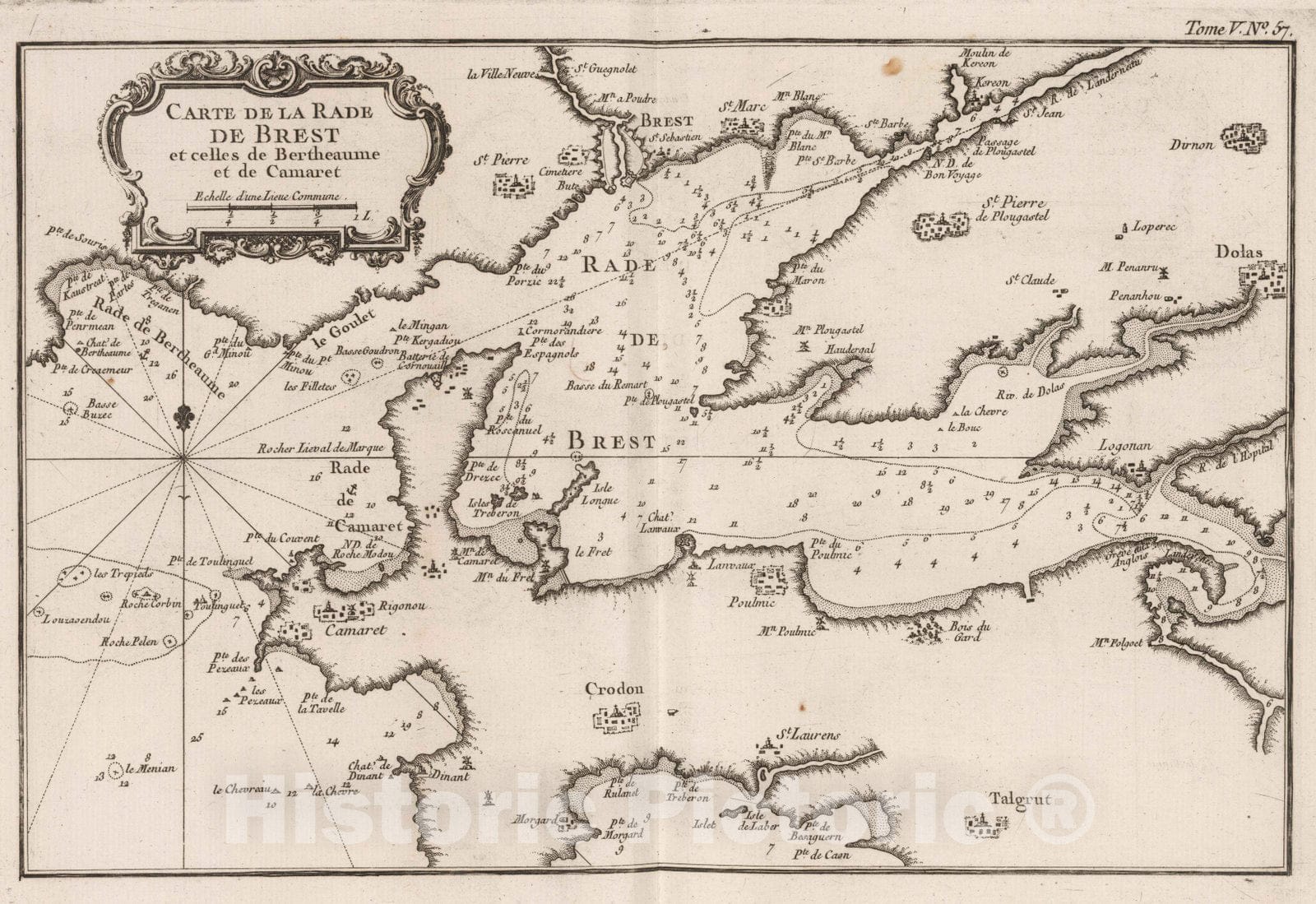 Historic Map : France , Brest France, Bretagne 1764 Carte de la rade de Brest et celles de Bertheaume et de Camaret. , Vintage Wall Art