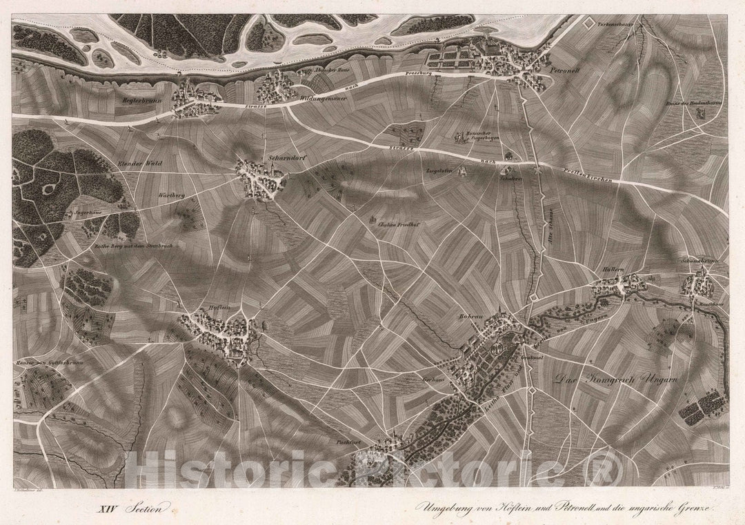 Historic Map : Austria, 1837 XIV Section. Umgebung von Hoflein und Petronell und die ungarische Grenze. Hollnsteiner del. F. Mehl sc. , Vintage Wall Art