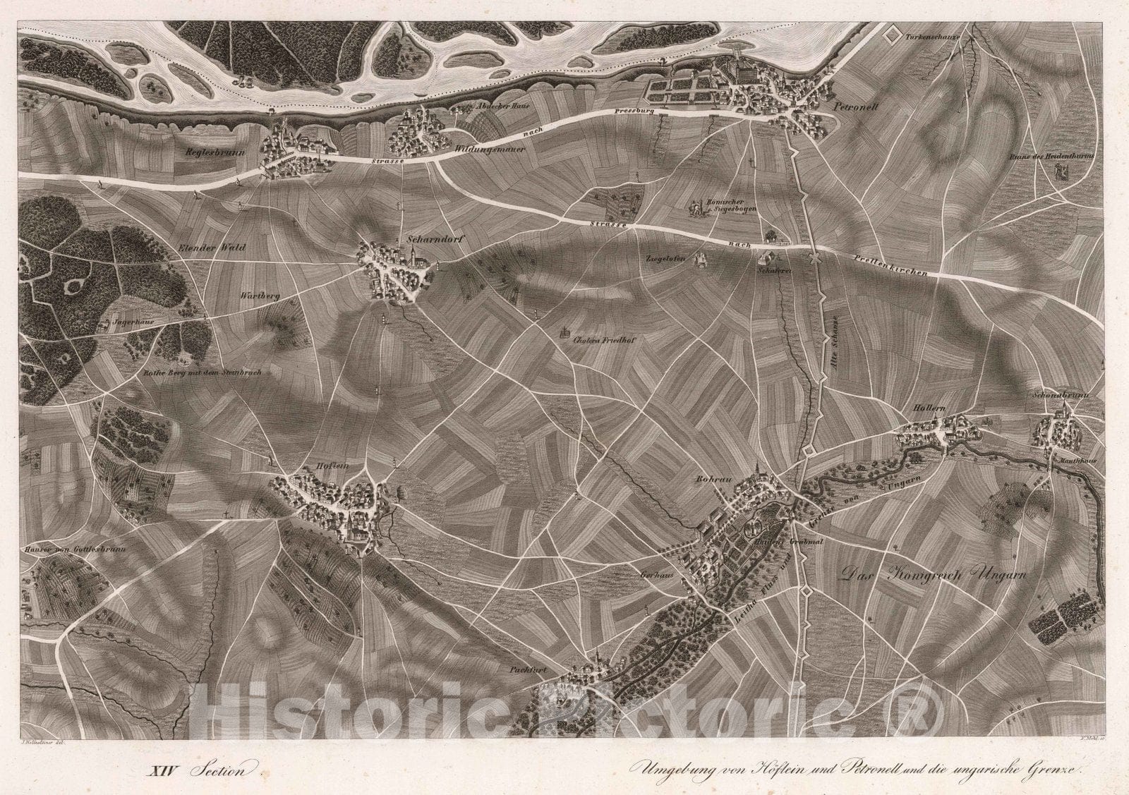 Historic Map : Austria, 1837 XIV Section. Umgebung von Hoflein und Petronell und die ungarische Grenze. Hollnsteiner del. F. Mehl sc. , Vintage Wall Art