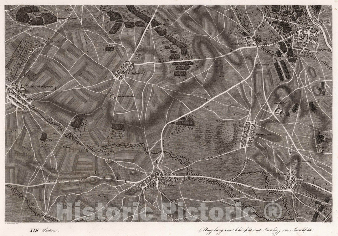 Historic Map : Austria, 1837 XVII Section. Umgebung von Schonfeld und Marchegg, im Marchfelde. J. Hollnsteiner del. F. Mehl sculp. , Vintage Wall Art