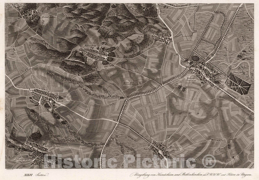 Historic Map : Austria, 1837 XXXVI Section. Umgebung von Hundsheim und Prellenkirchen im V.U.W.W. und Kitsee in Ungarn. Hollnsteiner del. F. Mehl sc. , Vintage Wall Art