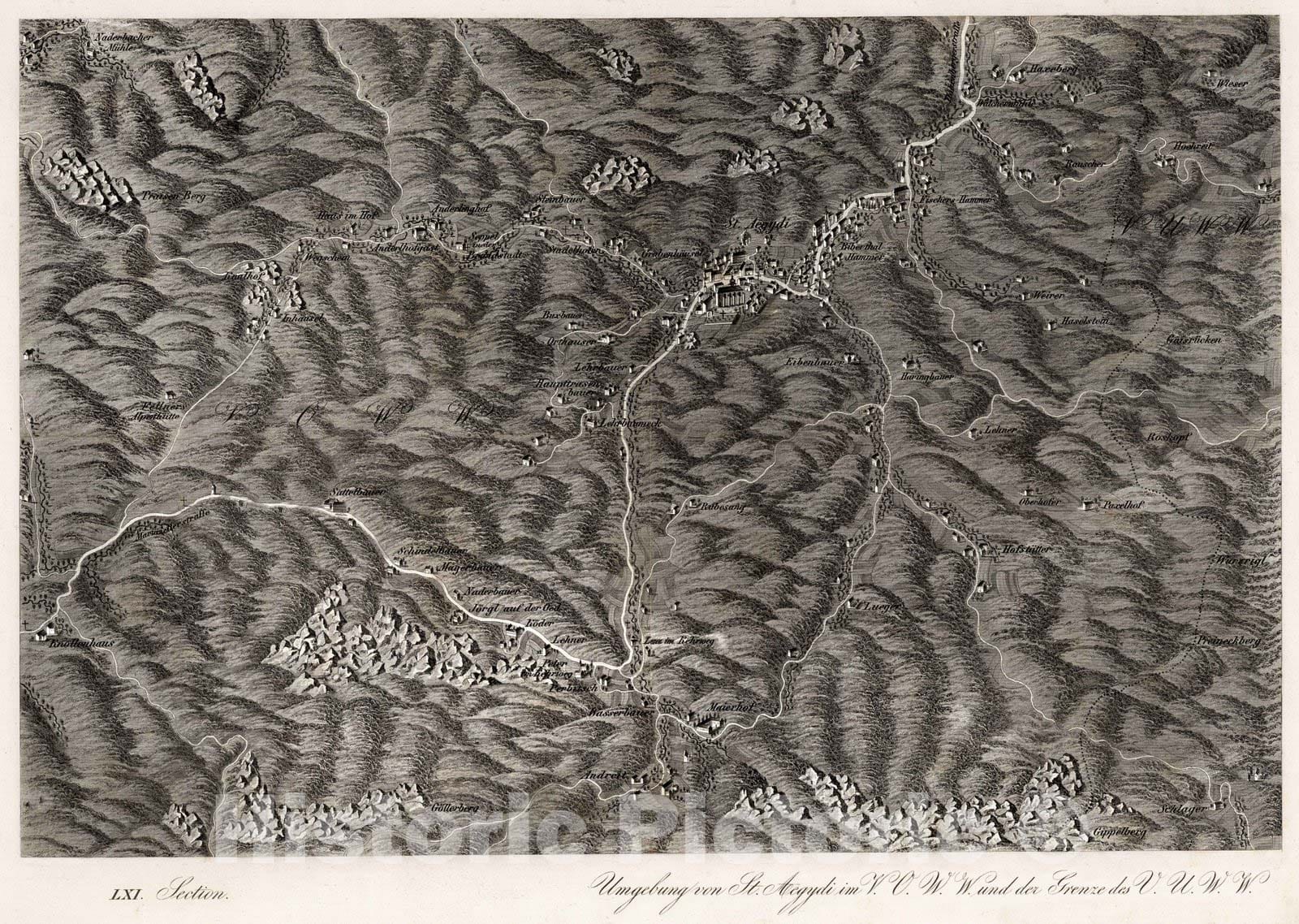 Historic Map : Austria, 1837 LXI Section. Umgebung von St. Aegydi im V.O.W.W. und der Grenze des V.U.W.W. , Vintage Wall Art