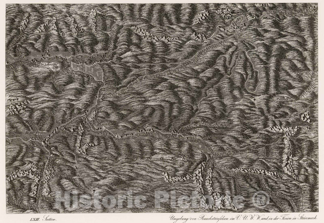 Historic Map : Austria, 1837 LXIII Section. Umgebung von Rauchsteinfelsen im V.U.W.W. und in der Freien in Steiermark. , Vintage Wall Art