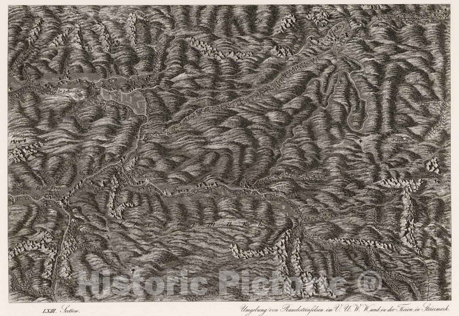 Historic Map : Austria, 1837 LXIII Section. Umgebung von Rauchsteinfelsen im V.U.W.W. und in der Freien in Steiermark. , Vintage Wall Art