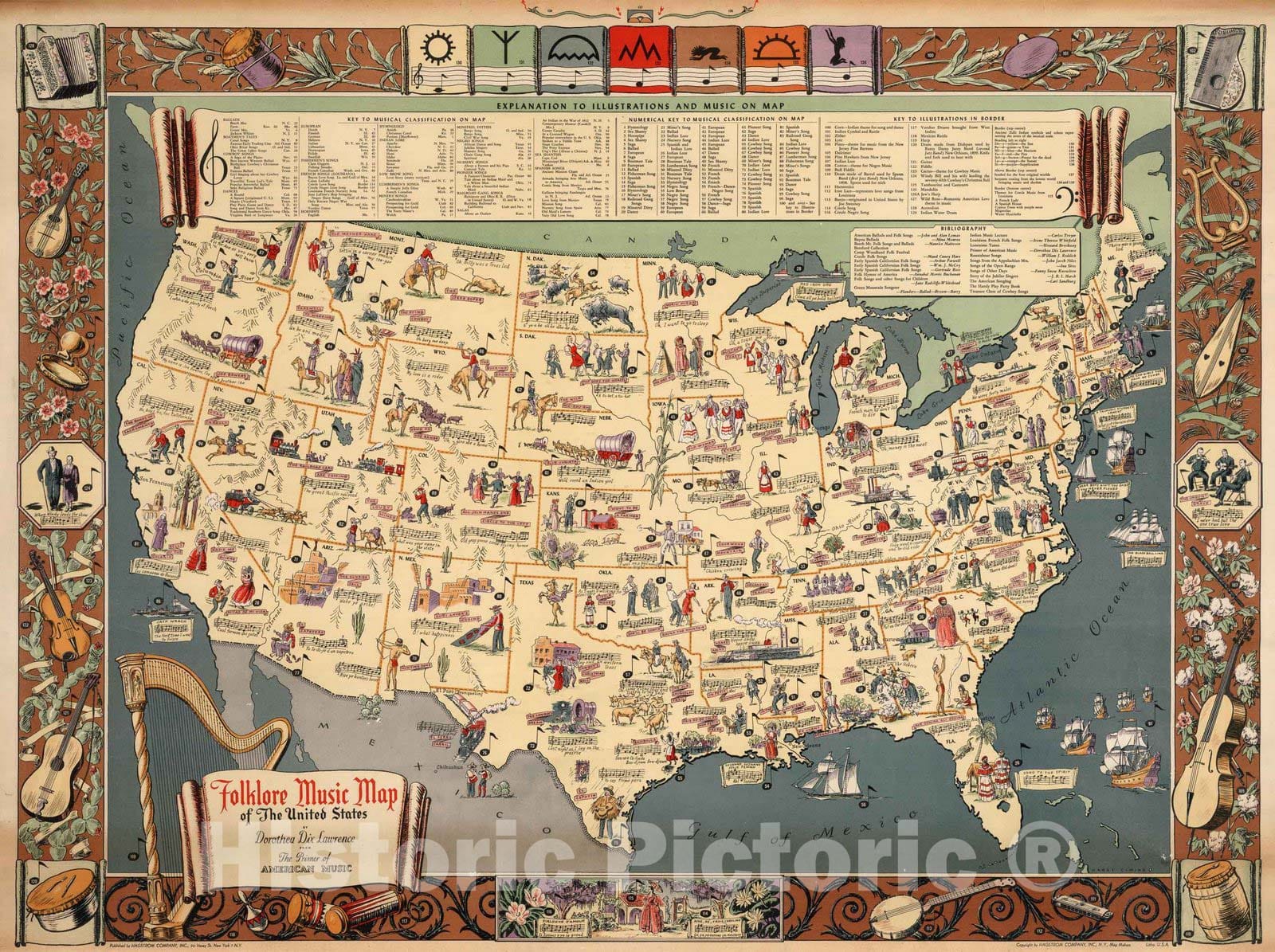 Historic Map : Wall Map - 1945 Folklore Music Map of the United States. - Vintage Wall Art