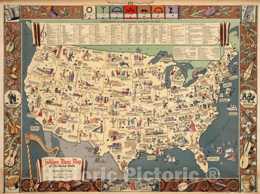 Historic Map : Wall Map - 1945 Folklore Music Map of the United States. - Vintage Wall Art