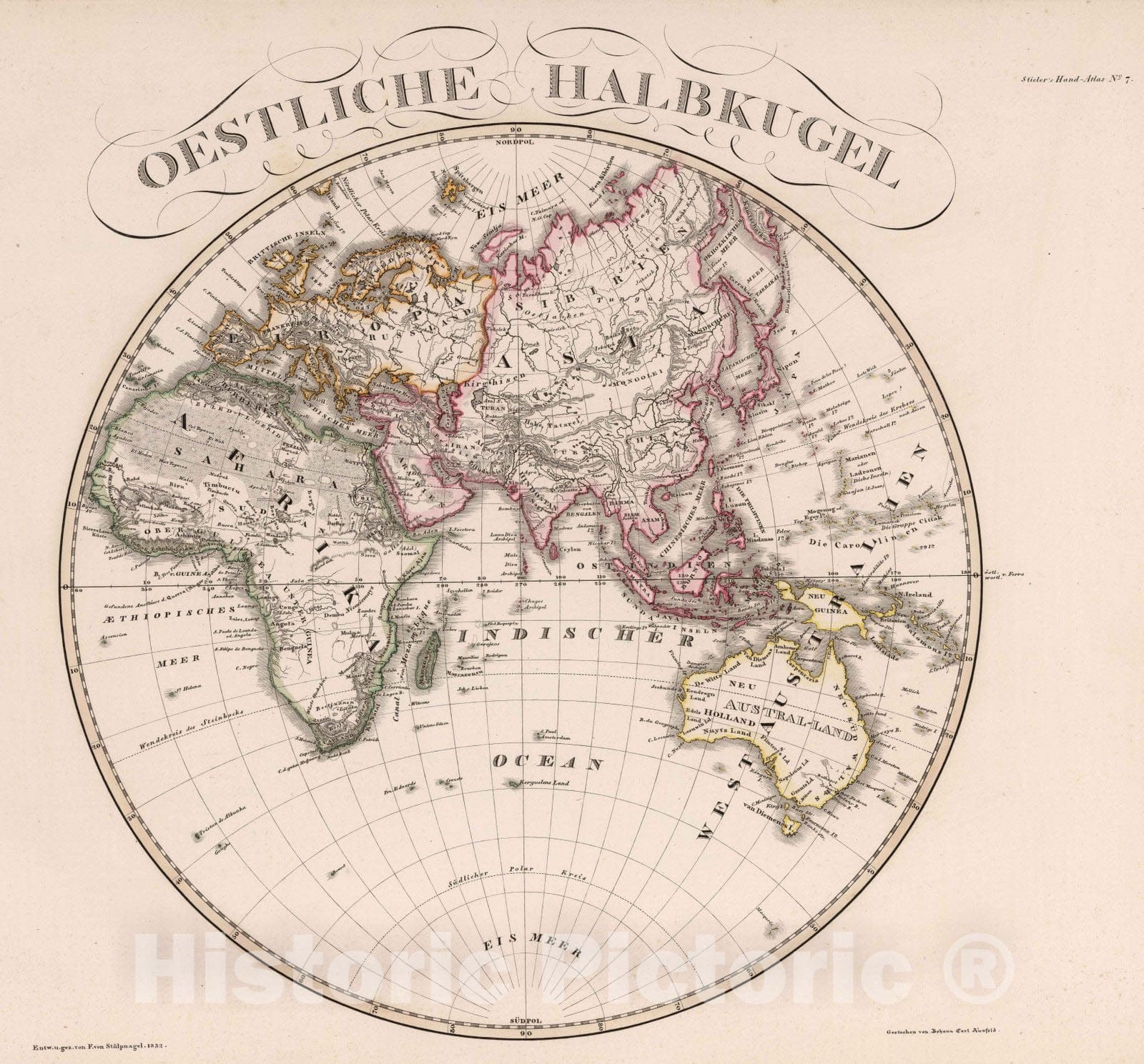Historic Map : 1833 Ostliche Halbkugel, 1832 - Vintage Wall Art