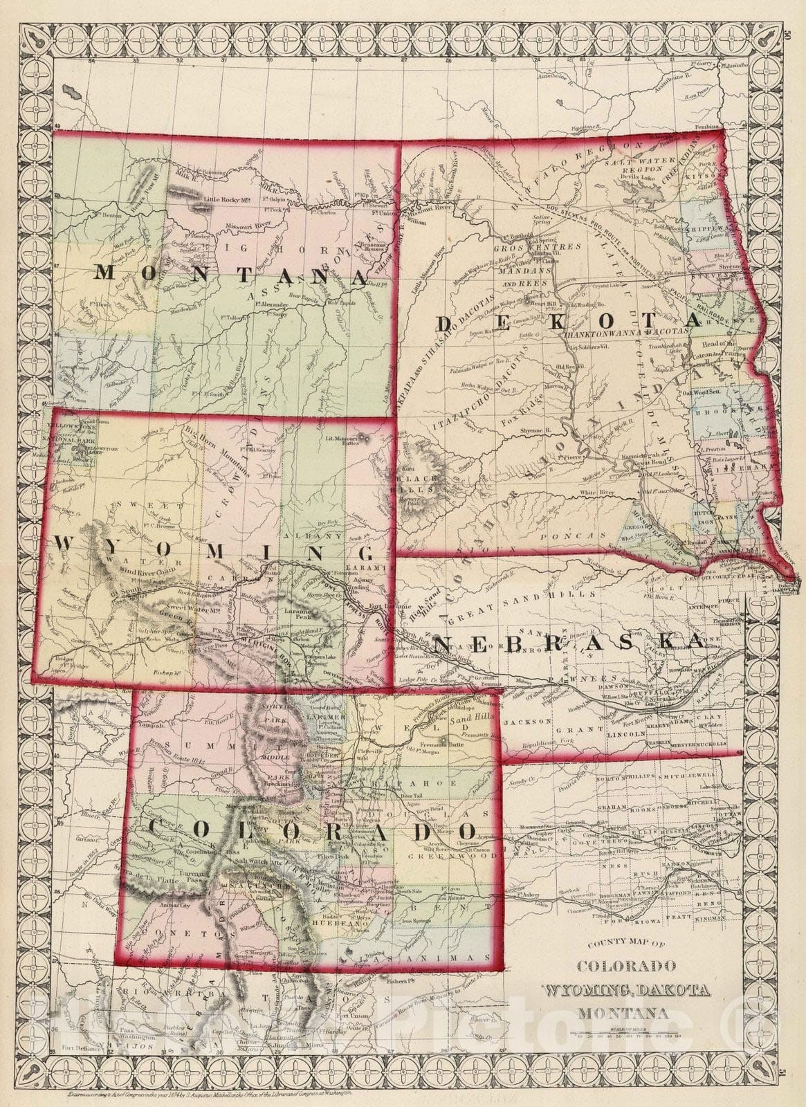 Historic Map : National Atlas - 1874 County Map of Colorado, Wyoming, Dakota, Montana. - Vintage Wall Art