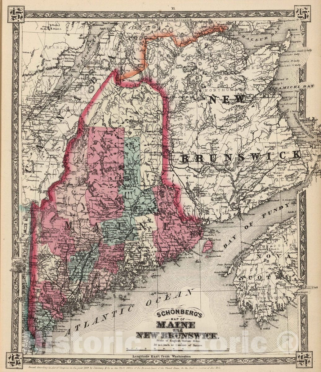 Historic Map : National Atlas - 1867 Schonberg's Map of Maine and New Brunswick. - Vintage Wall Art