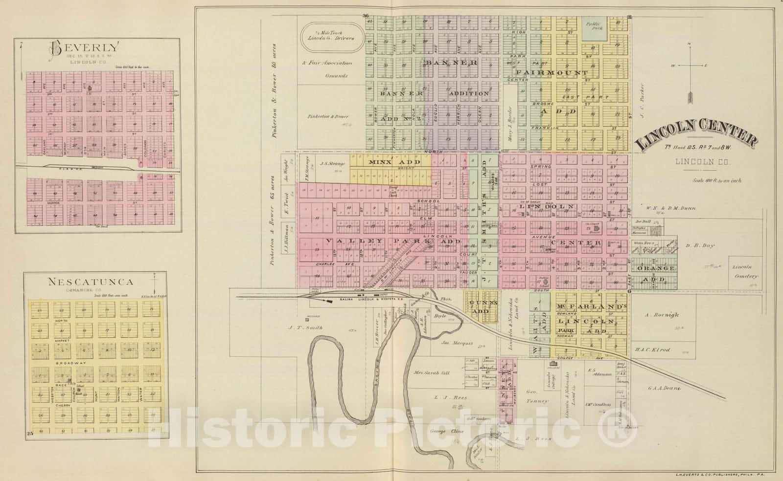 Historic Map : 1887 Lincoln Center, Beverly, Nescatunca. - Vintage Wall Art