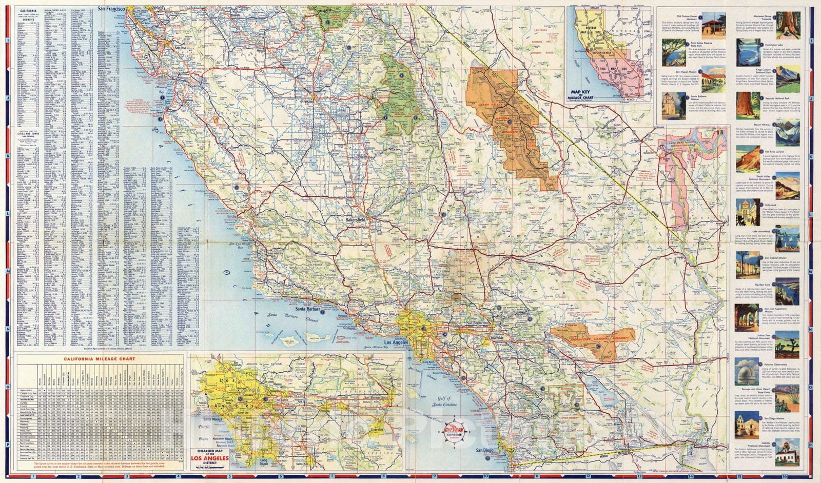 Historic Map : 1956 (South half) Road map of California - Vintage Wall Art