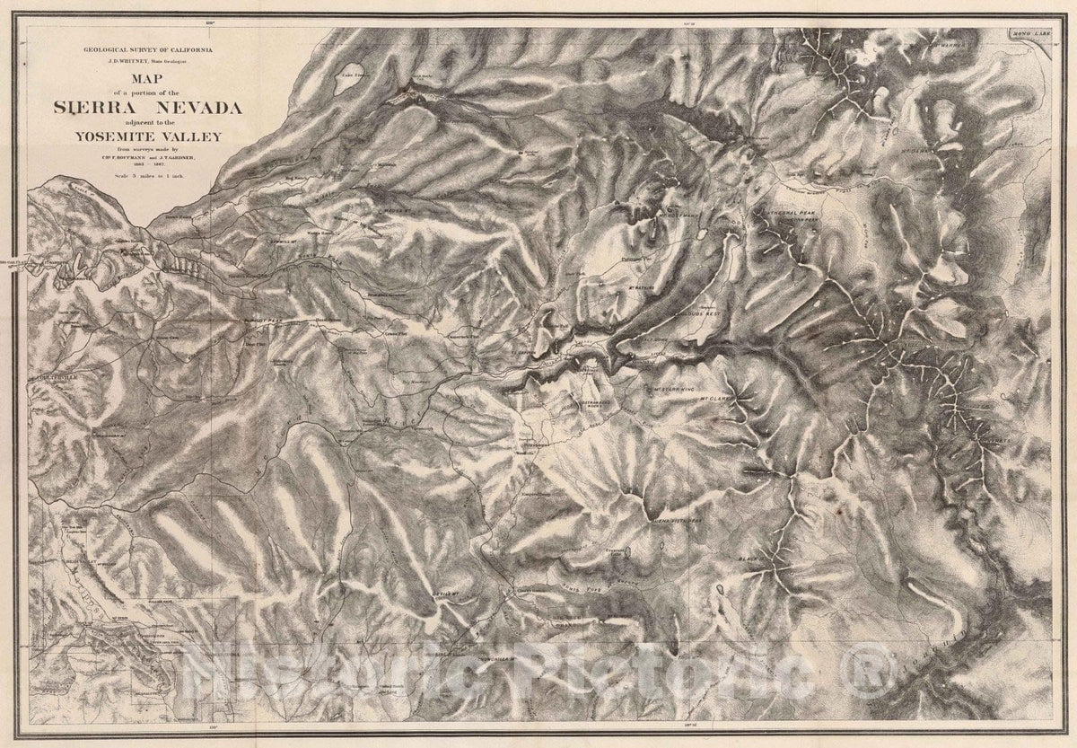 Historic Map : Guide Book - 1874 Portion of the Sierra Nevada adjacent to the Yosemite Valley. - Vintage Wall Art