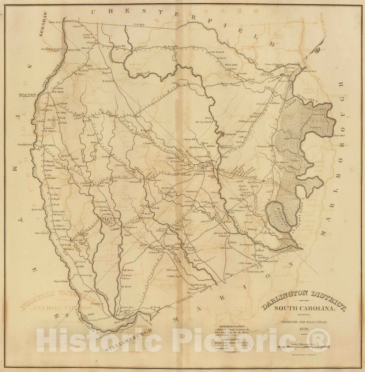 Darlington District, South Carolina - Road Map, 1820 - Mills' Atlas Print