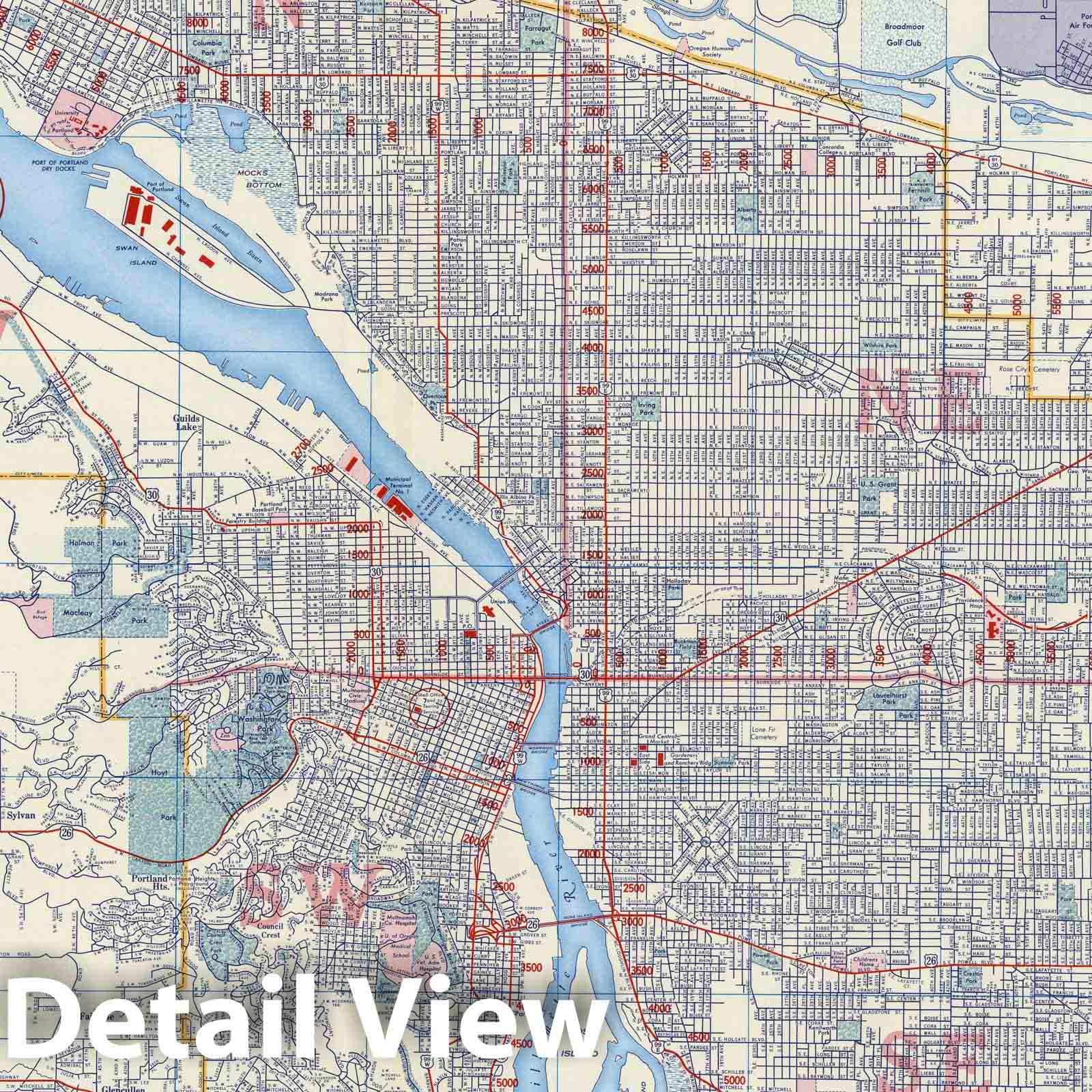 Portland, Oregon - Road Map, 1956 - Shell Street Guide Historical Map Print