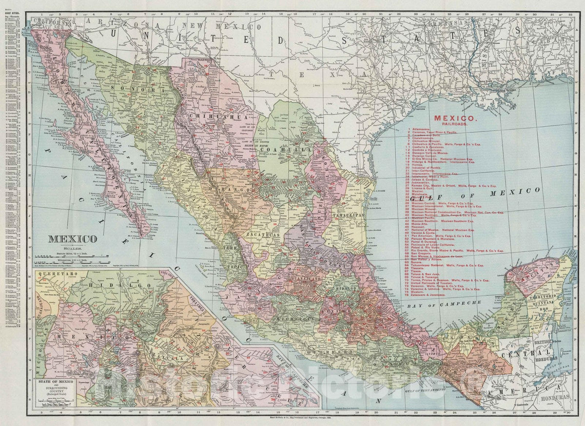 Mexico - Railroad Map, 1909 - Rand McNally Historical Reproduction