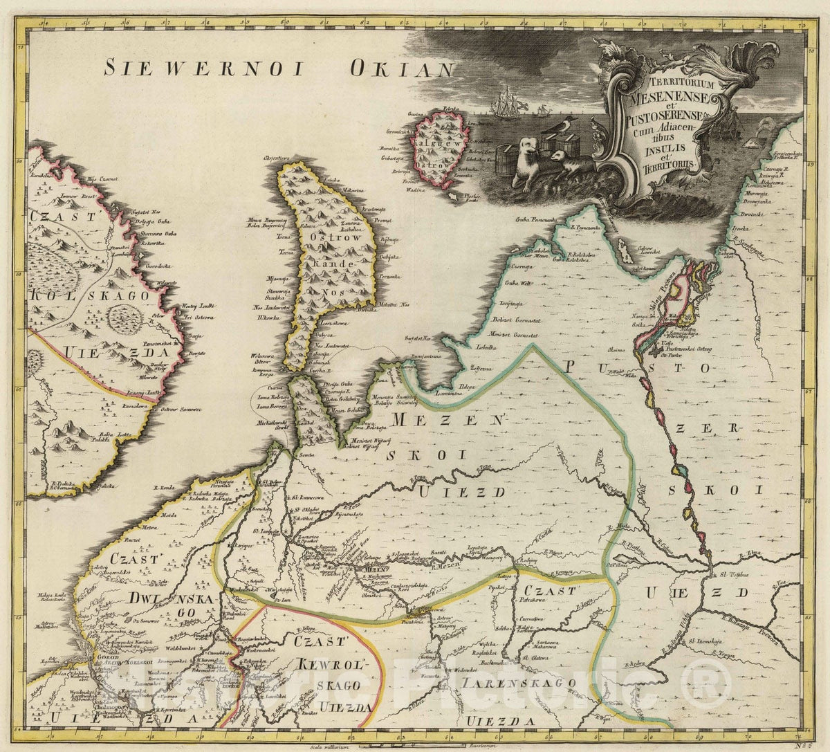 Historic Map : Russian Federation; Russia, 1745 Territorium Mesenese et Pustoserense cum Adiacentibus Insulis et Territoriis , Vintage Wall Art