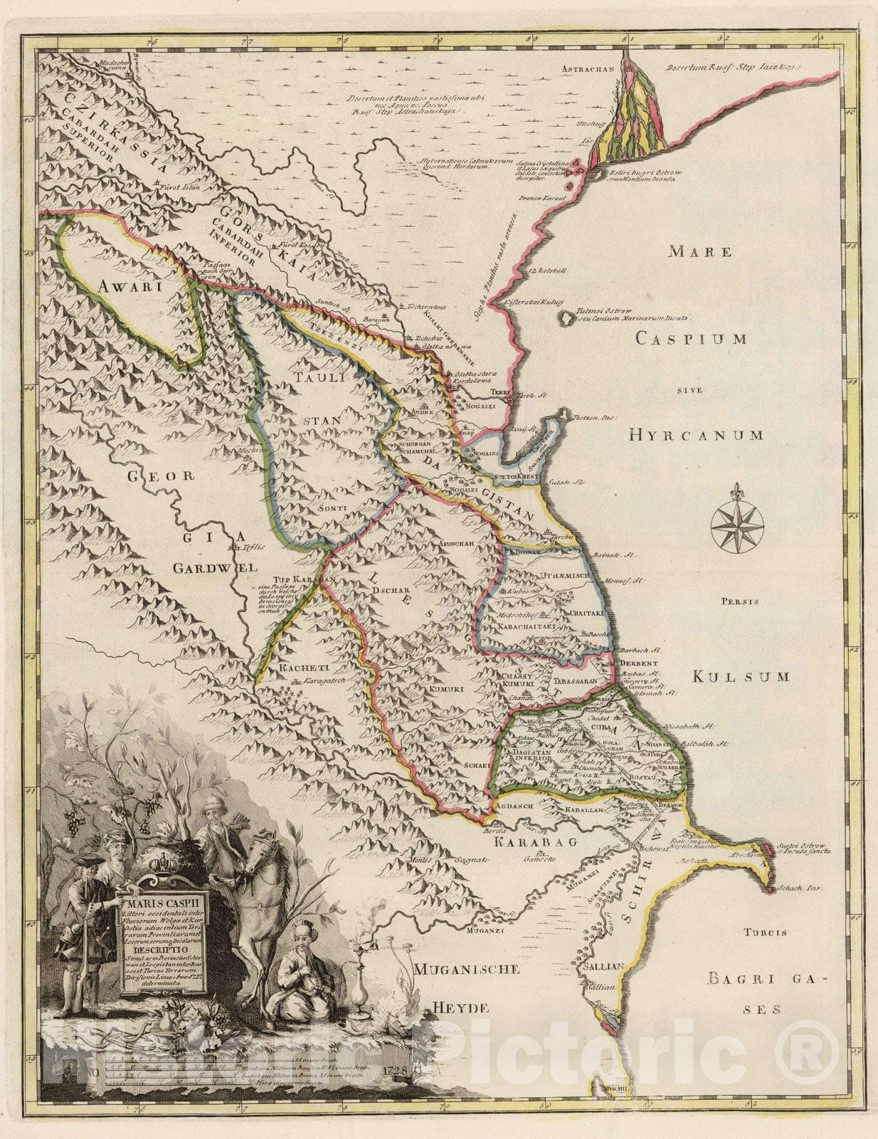 Historic Map : Russia, Caspian Sea Region 1728 Maris Caspii Littori occidentali inter Fluviorum Wolgae et Kur Ostia , Vintage Wall Art