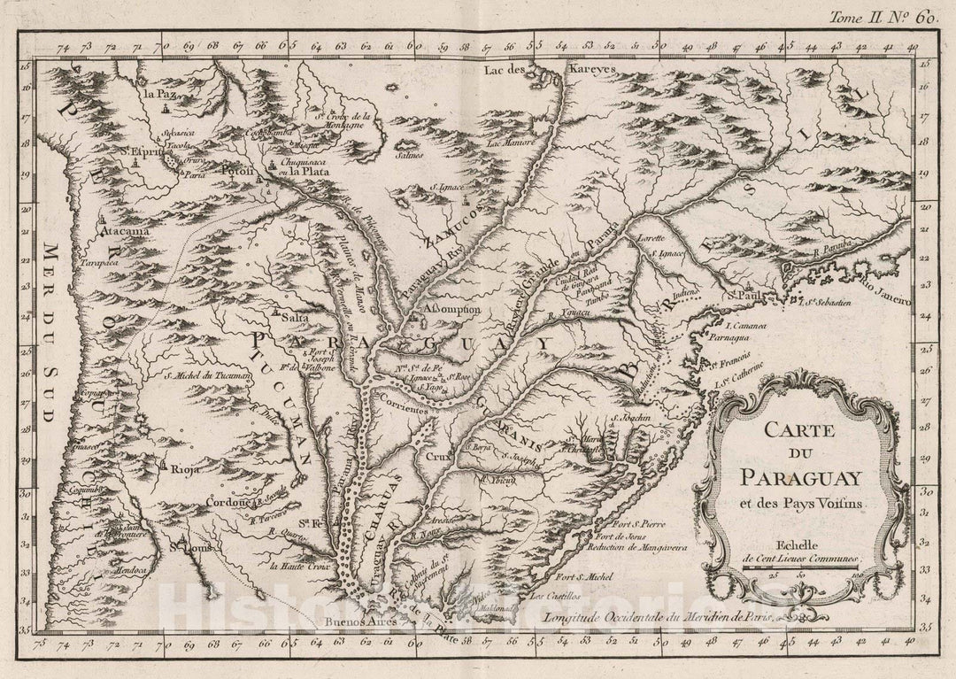 Historic Map : Paraguay; Argentina, 1764 Carte du Paraguay et pays voisins , Vintage Wall Art