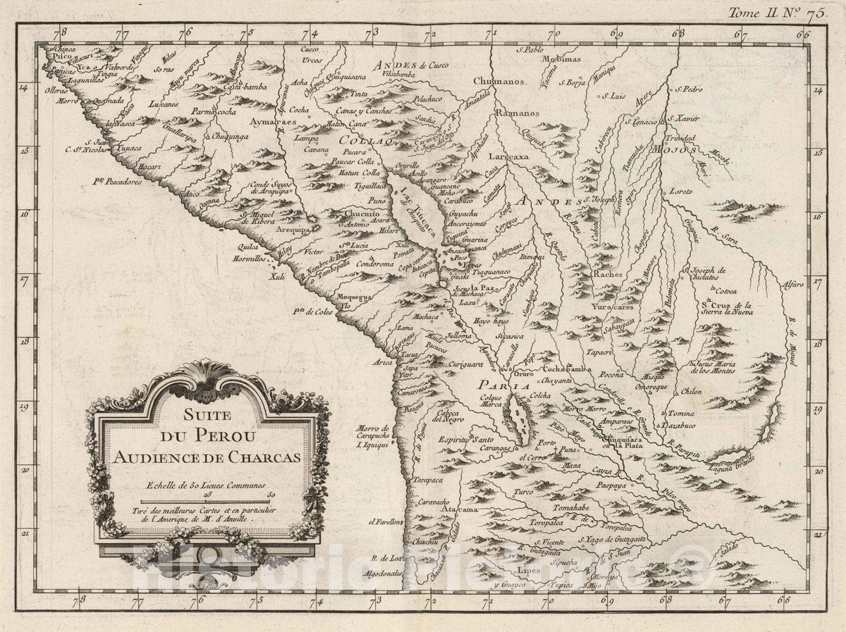 Historic Map : Peru; Bolivia, 1764 Suite du Perou audience de Charcas. Tire des meilleiures cartes et en particulier de l'Amerique de m. d'Anville., Vintage Wall Art