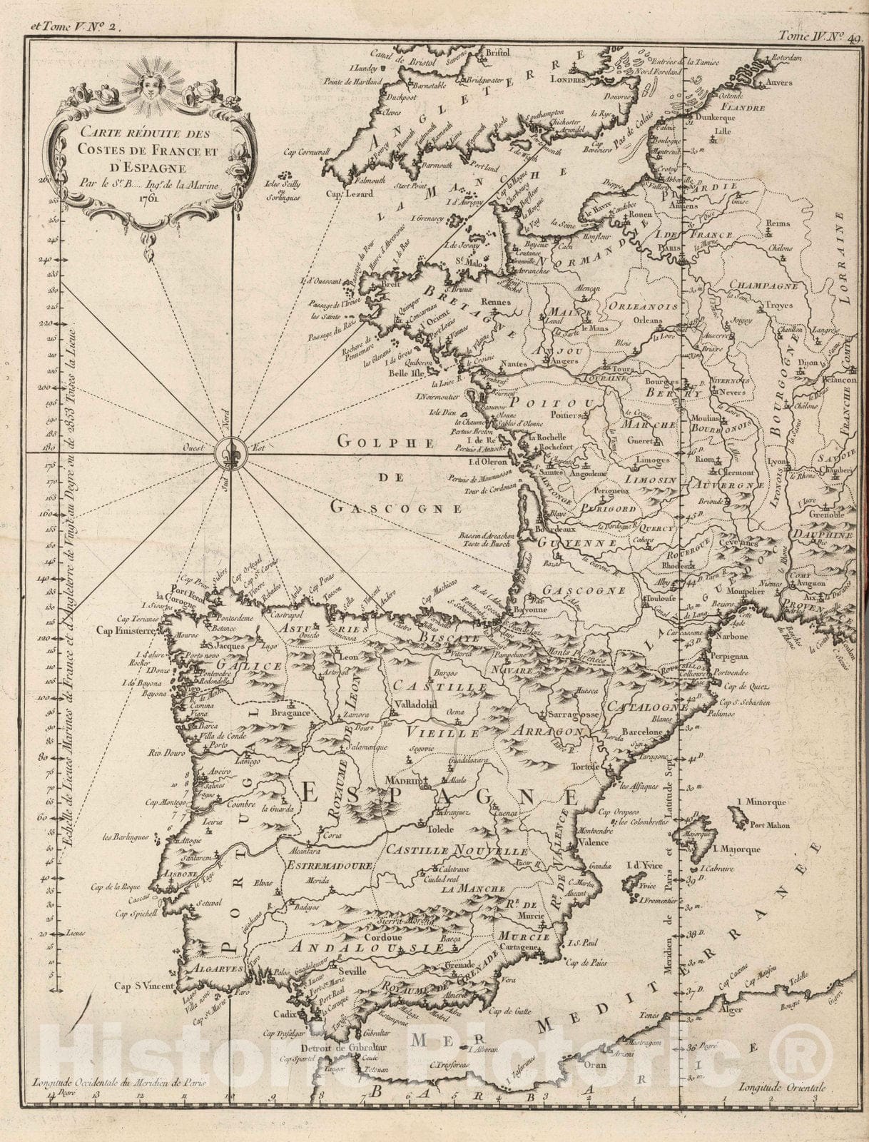 Historic Map : France; Spain, 1761 Carte reduite des costes de France et d'Espagne. , Vintage Wall Art