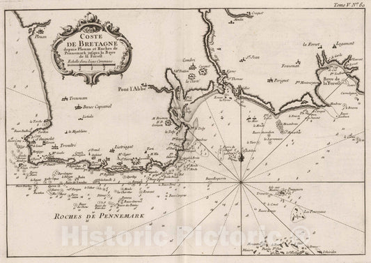 Historic Map : France, Bretagne , France 1764 Coste de Bretagne depuis Plouan et roches de Pennemark jusqu'a la baye de la Forest. , Vintage Wall Art