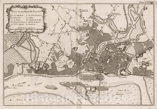Historic Map : France , Nantes France, Bretagne 1764 Plan de la ville de Nantes. , Vintage Wall Art