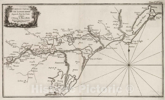 Historic Map : France, Languedoc , France 1764 Carte du canal de Languedoc depuis le port de cette jusqu'a l'etang de Marceillette. , Vintage Wall Art