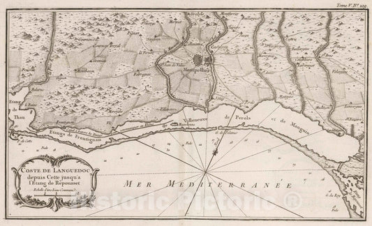 Historic Map : France, Languedoc , France 1764 Coste de Languedoc depuis Cette jusqu'a I'etang de Repousset. , Vintage Wall Art