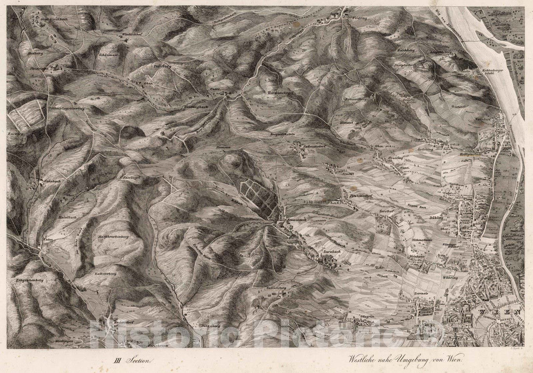 Historic Map : Austria, 1837 III Section. Westliche nahe Umgebung von Wien. J. Hyrtl sc. , Vintage Wall Art
