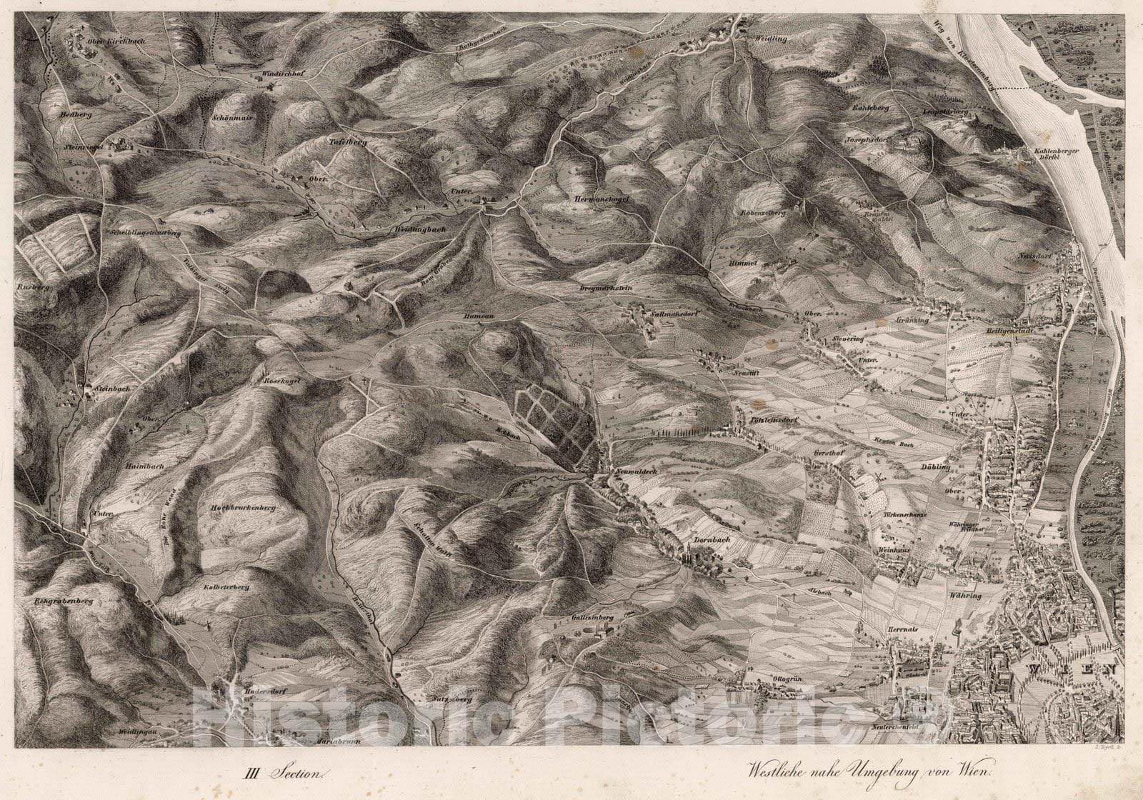 Historic Map : Austria, 1837 III Section. Westliche nahe Umgebung von Wien. J. Hyrtl sc. , Vintage Wall Art
