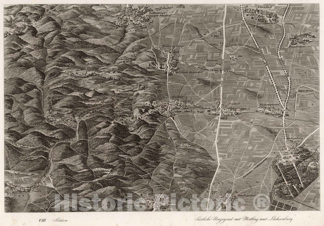 Historic Map : Austria, 1837 VIII Section. Sudliche Umgegund mit Modling und Lachsenburg. , Vintage Wall Art