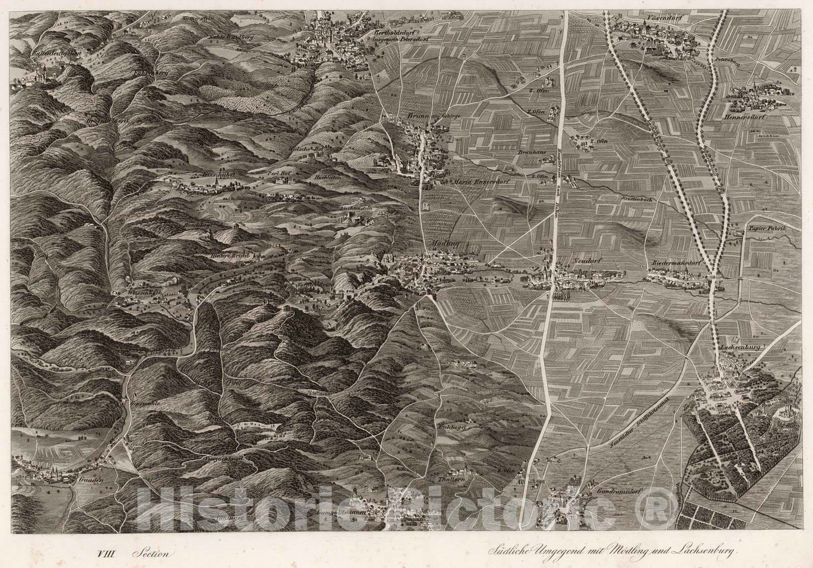 Historic Map : Austria, 1837 VIII Section. Sudliche Umgegund mit Modling und Lachsenburg. , Vintage Wall Art