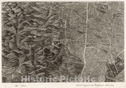 Historic Map : Austria, 1837 VIII Section. Sudliche Umgegund mit Modling und Lachsenburg. , Vintage Wall Art
