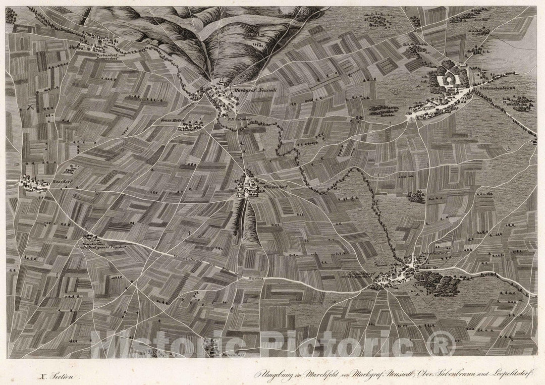 Historic Map : Austria, 1837 X Section. Umgebung von Marchfeld von Markgraf-Neusiedl, Ober Siebenbrunn und Leopoldsdorf. , Vintage Wall Art
