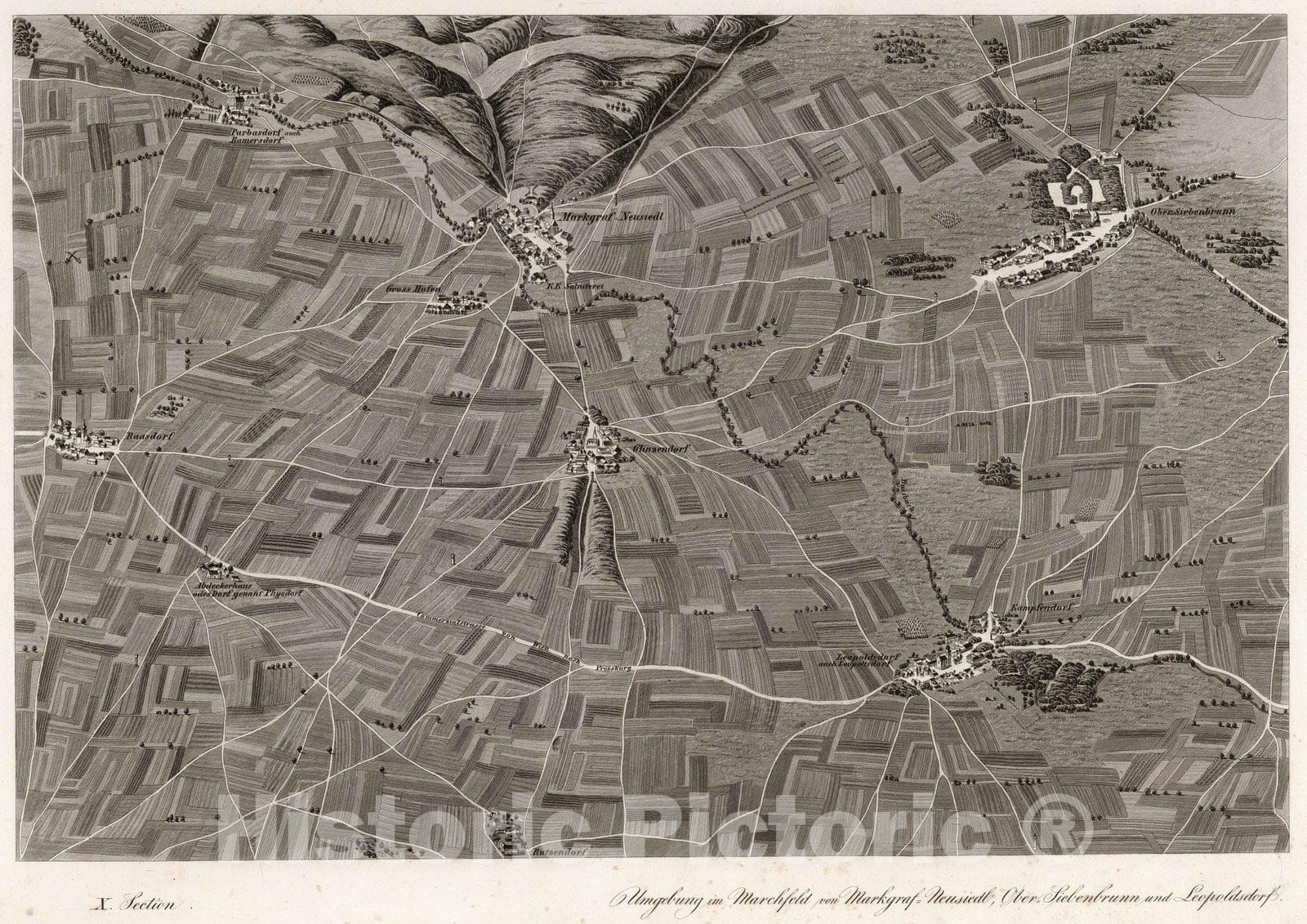 Historic Map : Austria, 1837 X Section. Umgebung von Marchfeld von Markgraf-Neusiedl, Ober Siebenbrunn und Leopoldsdorf. , Vintage Wall Art