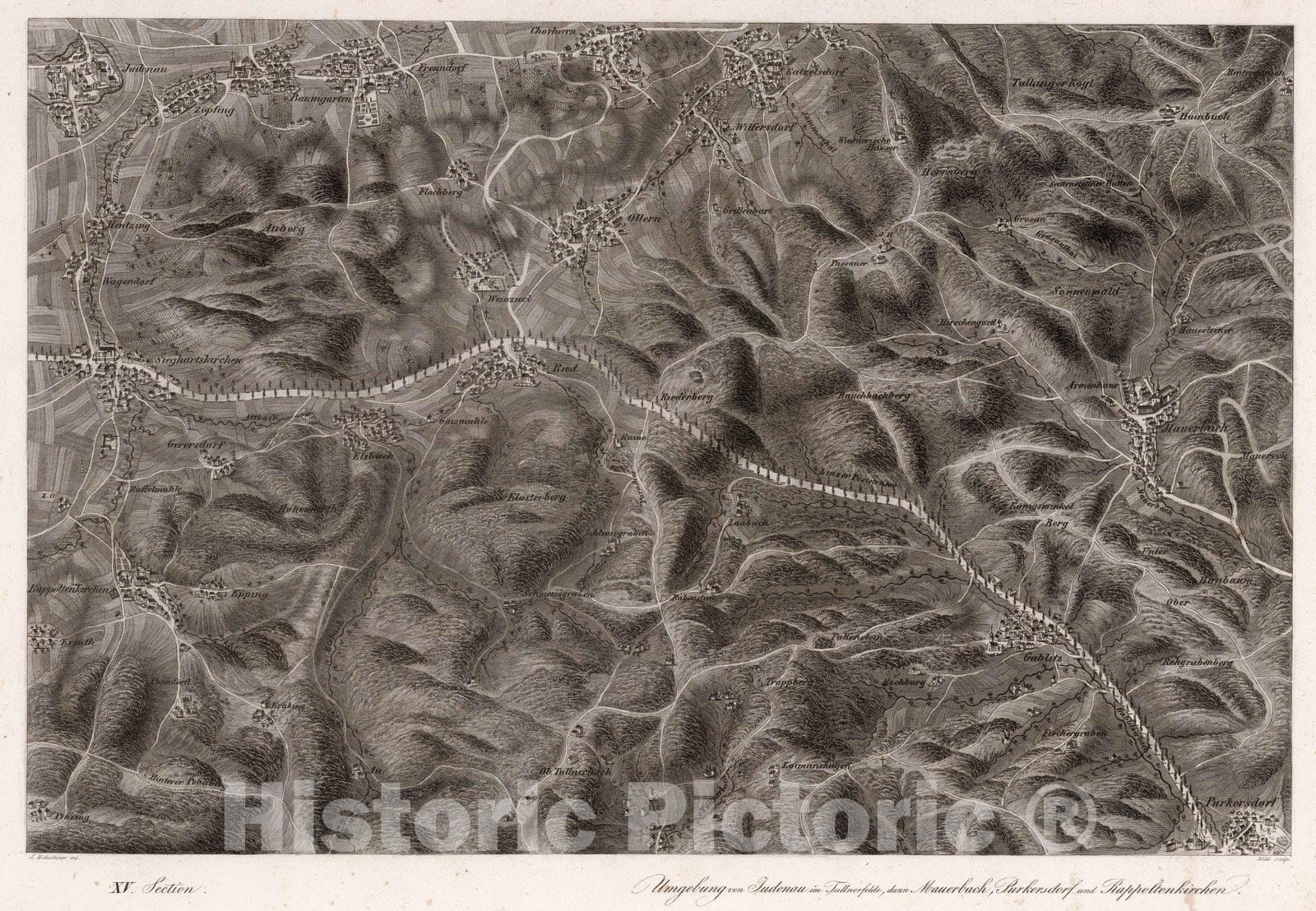 Historic Map : Austria, 1837 XV Section. Umgebung von Tudenau im Tullnerfelde,, Vintage Wall Art