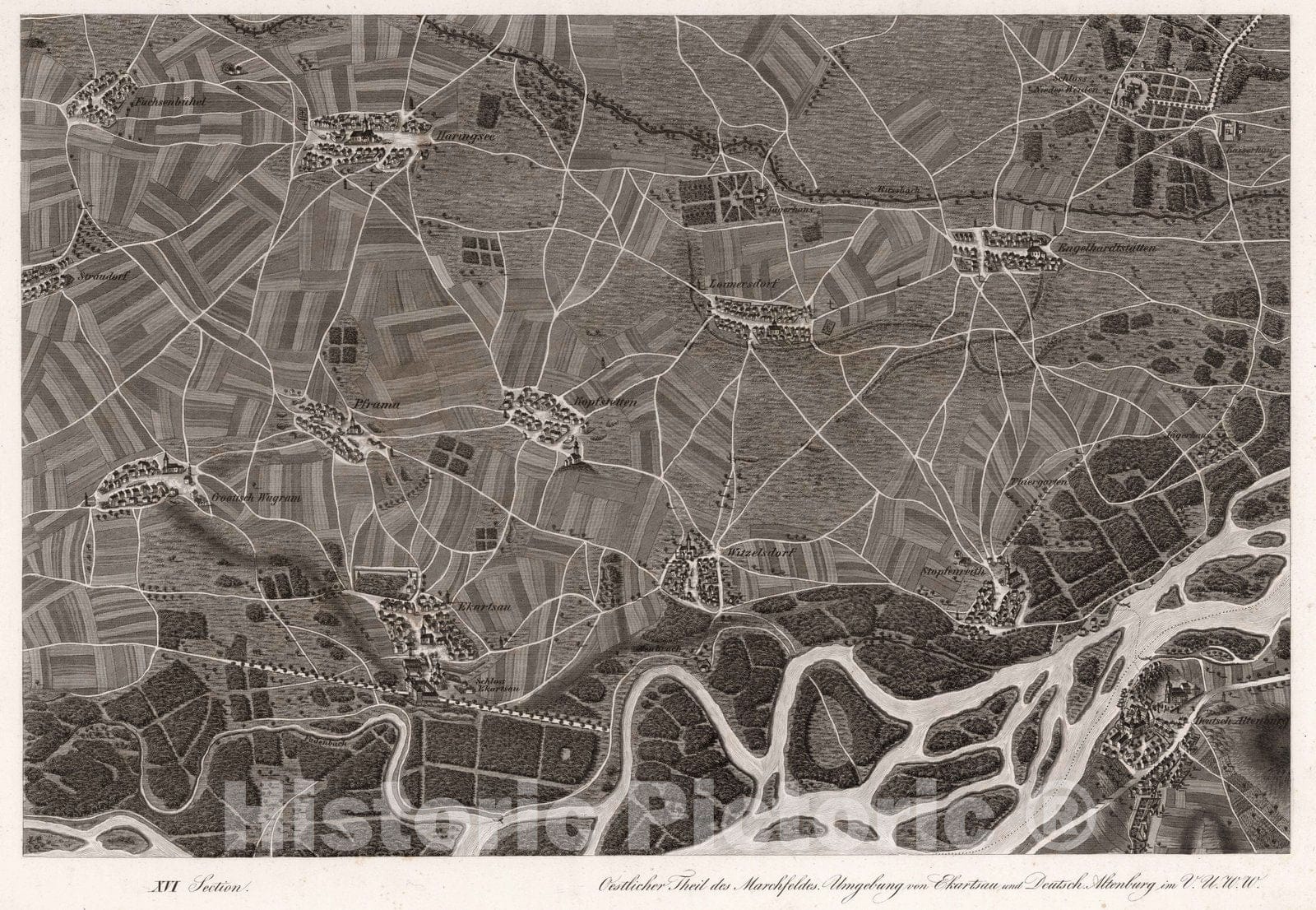 Historic Wall Map : Austria, 1837 XVI Section. Oestlicher Theil des Marchfeldes. Umgebung von Ekartsau und Deutsch Altenburg im V.U.W.W. , Vintage Wall Art
