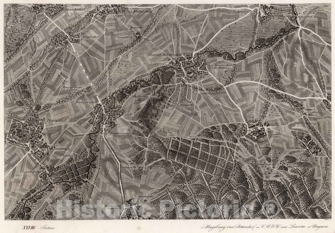 Historic Map : Austria, 1837 XXVIII Section. Umgebung von Pottendorf im V.U.W.W. und Lauretta in Ungarn. Mehl sc. , Vintage Wall Art
