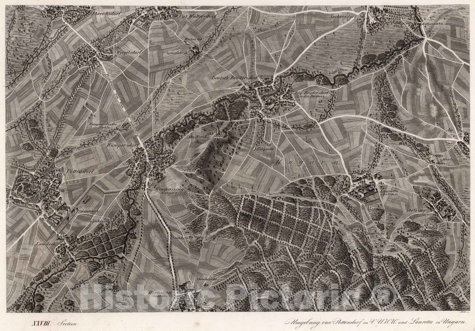 Historic Map : Austria, 1837 XXVIII Section. Umgebung von Pottendorf im V.U.W.W. und Lauretta in Ungarn. Mehl sc. , Vintage Wall Art