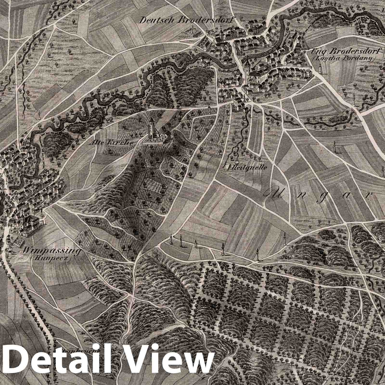 Pottendorf and Lauretta, Austria - Bird's Eye View, 1837 - Historical Map Print